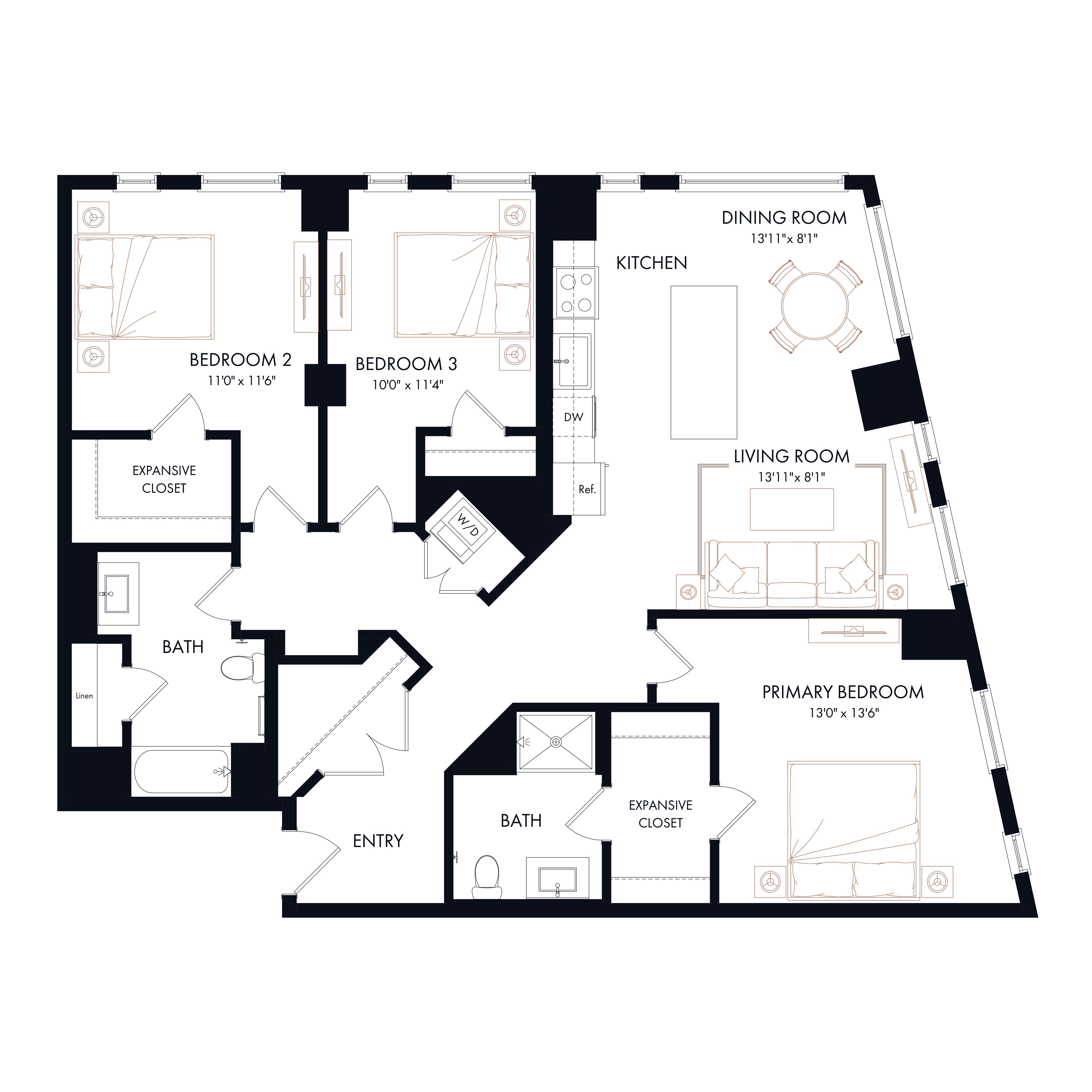 Floor plan layout diagram for C1 | 3 Bed | 2 Bath